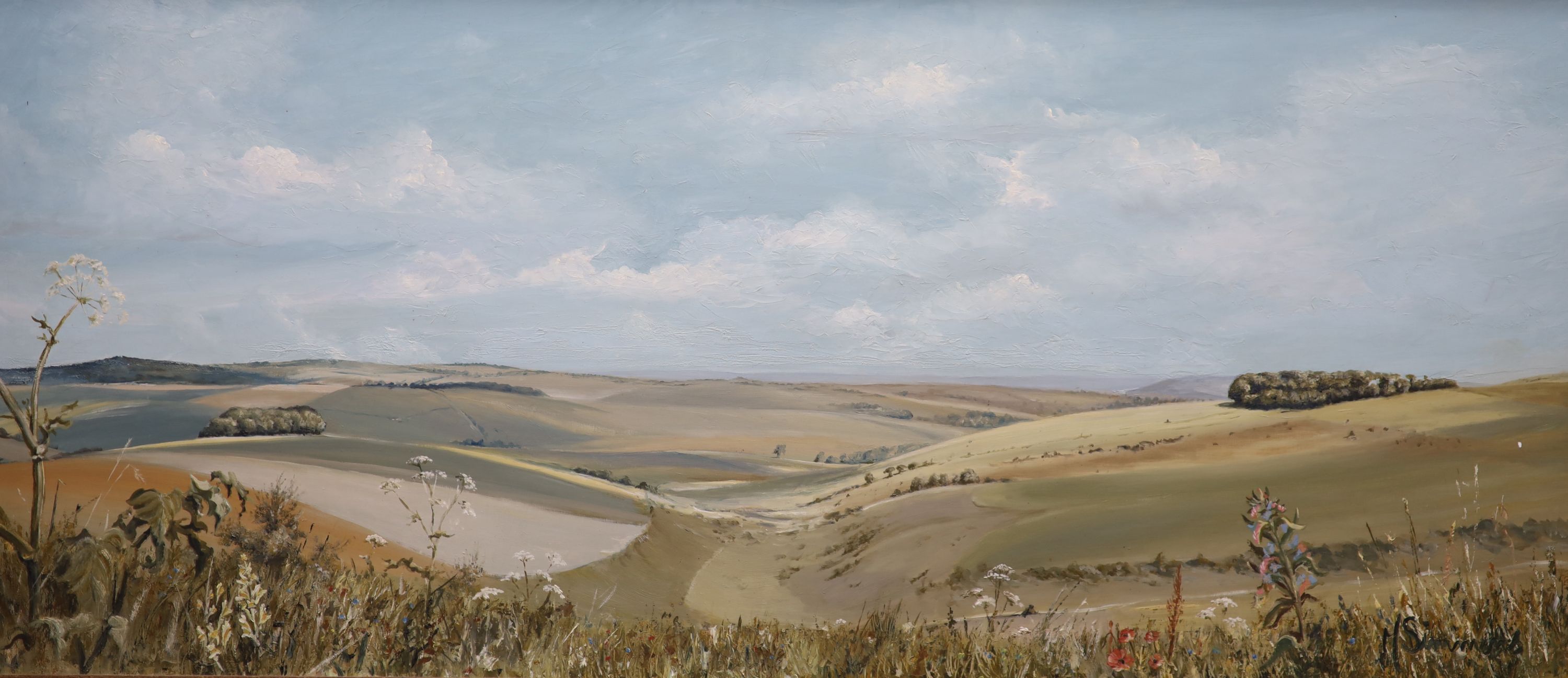 Michael Simmons, oil on board, Towards Lewes from Falmer Road, signed, 39 x 90cm